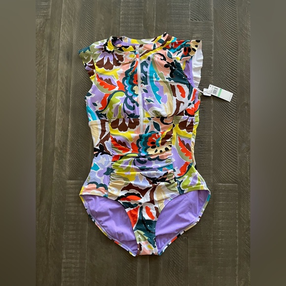 AnneCole Women's Flutter Sleeve Zip Up Rash Guard One Piece Swimsuit - Picture 1 of 4